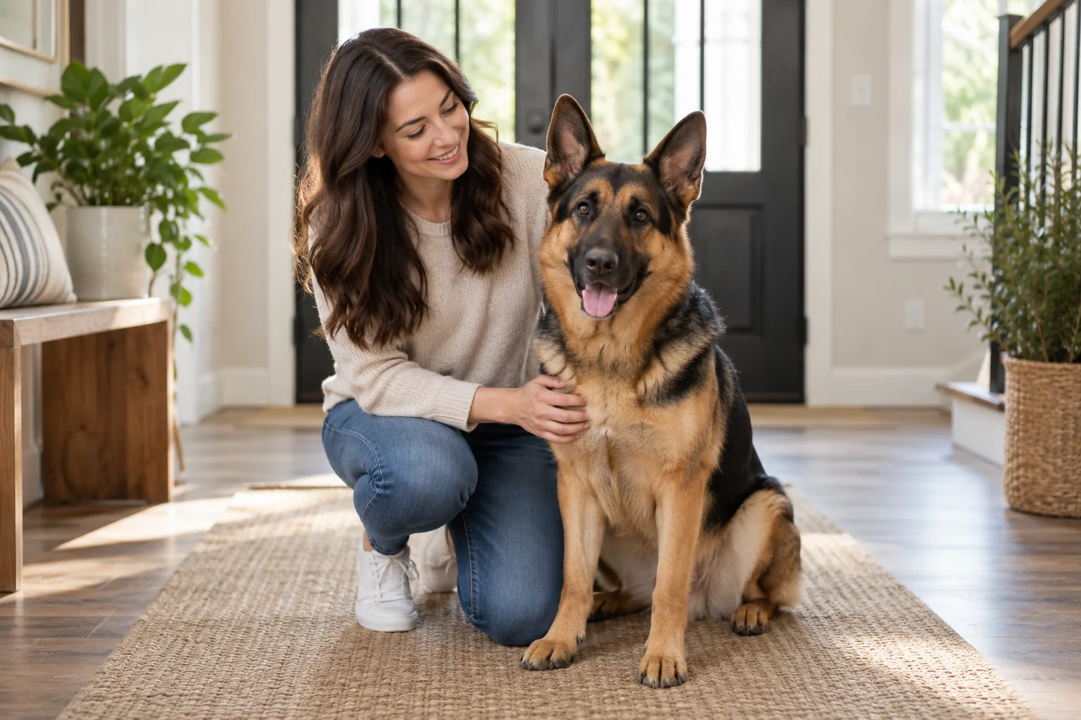 Large German Shepherd sitting beside an owner in a bright home